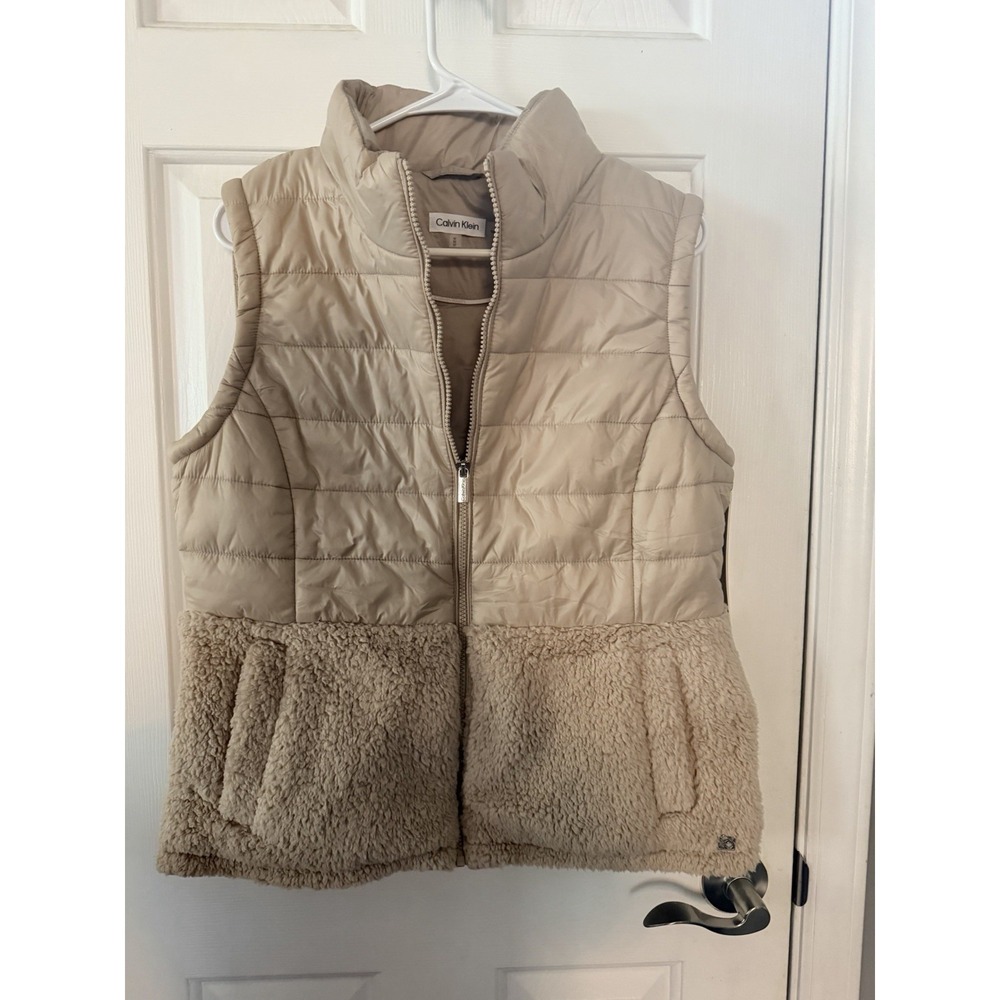 Calvin Klein Puffer Vest Womens M Tan Sherpa Zip Up Fleece NWT